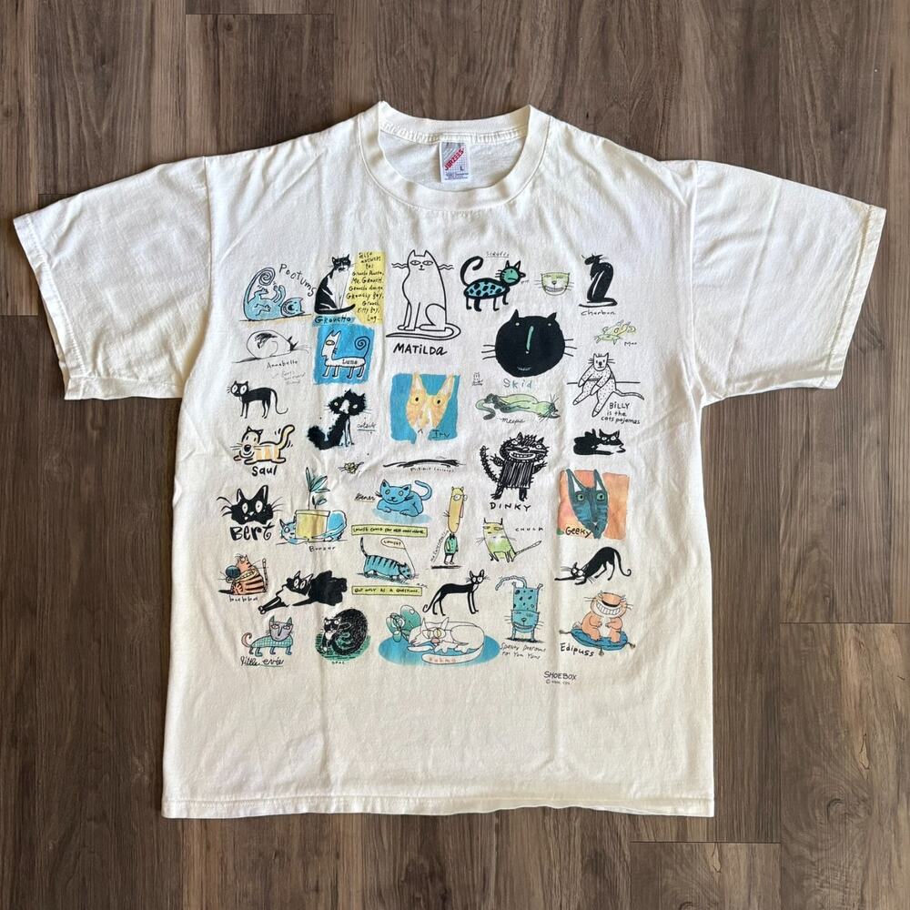 Vintage Cat Art T-Shirt Men's Size L Full Print RARE 1990s Shoebox
